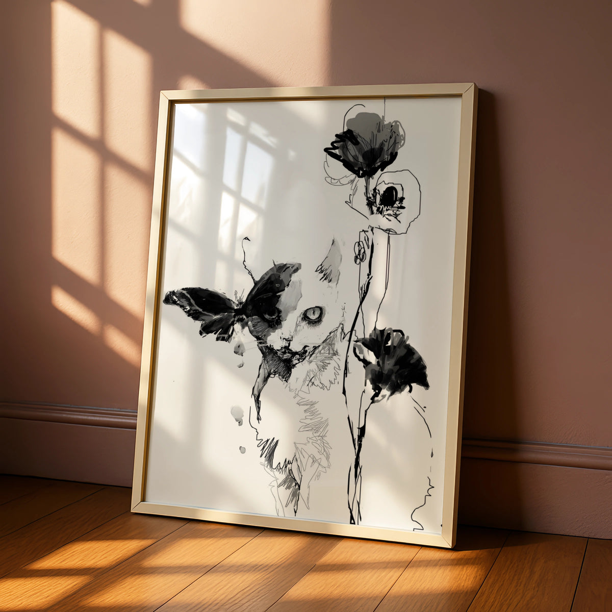 Cat Butterfly Floral Monochrome Wall Art, Black and White Poster, Minimalist Print