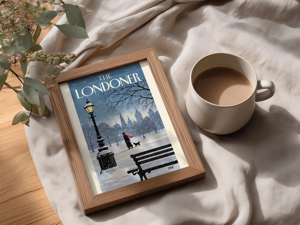 Snowy London Park Poster, Winter Wall Art, Vintage Magazine Cover Print, Lamppost Dog Walker Art