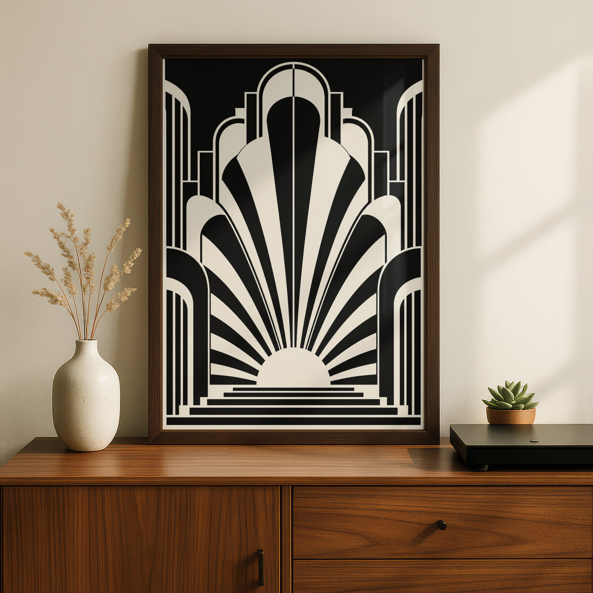 Art Deco Sunburst Poster, Monochrome Wall Art, Black and White Geometric Print