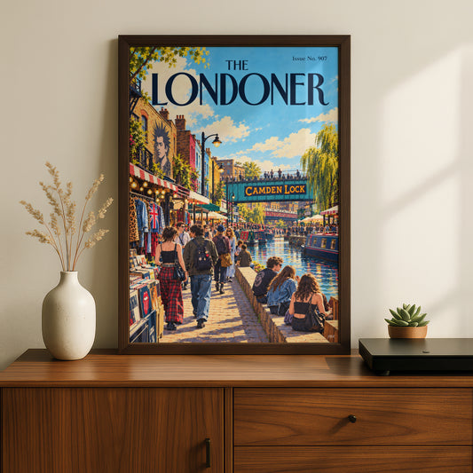 The Londoner Camden Lock Poster, London Wall Art, Canal Market Illustration, Retro Magazine Cover