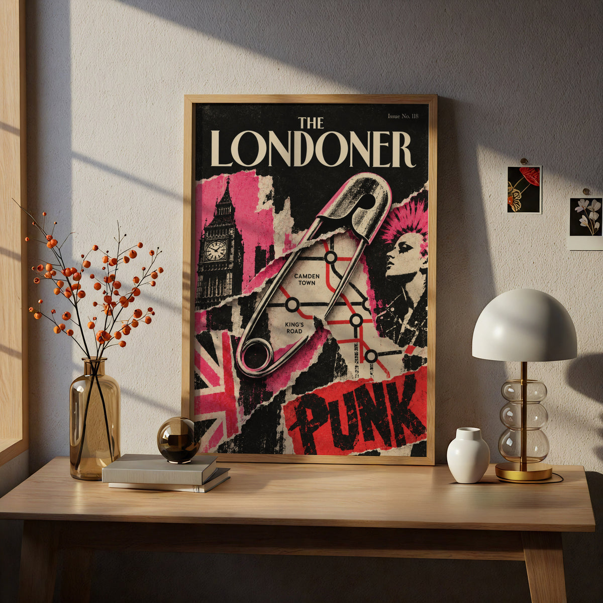 London Punk Poster, Safety Pin Wall Art, Camden Town Print, Big Ben Collage, Pink Red Black Decor