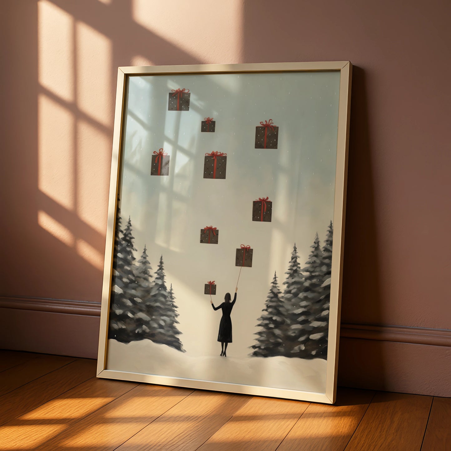 Christmas Poster, Floating Gifts Winter Wall Art, Festive Snowy Scene, Minimalist Xmas Print