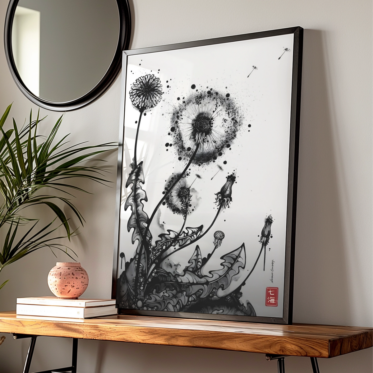 Dandelion Ink Art Print, Black and White Botanical Poster, Monochrome Wall Art, Modern Floral Decor