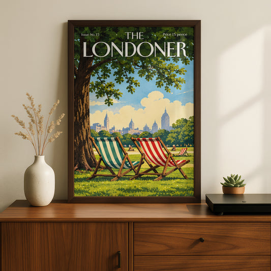 Vintage London Park Poster, Striped Deckchairs Wall Art, Retro Magazine Cover Print, Summer Decor