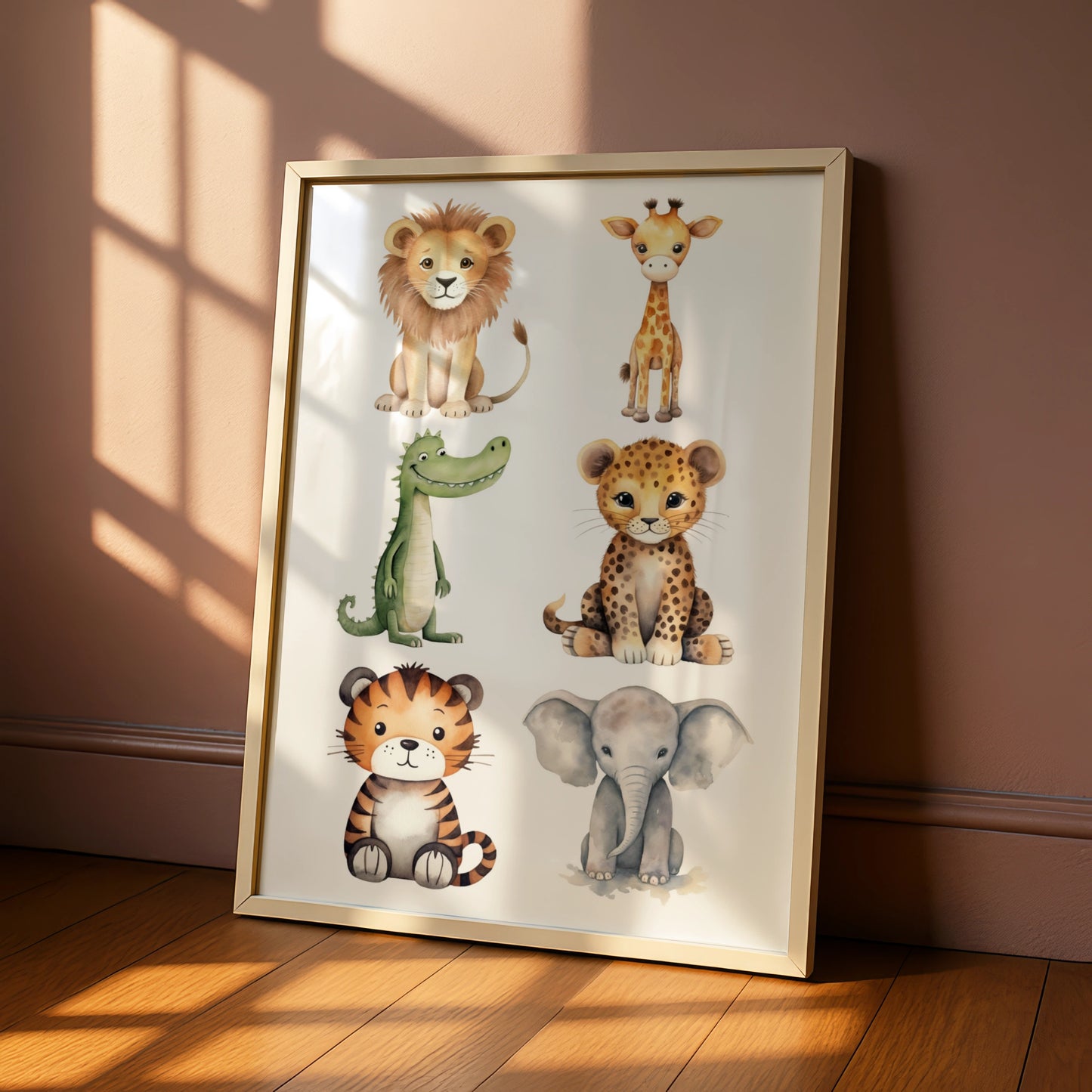Safari Nursery Wall Art, Cute Baby Animals Poster, Lion Elephant Giraffe Tiger Kids Room Print