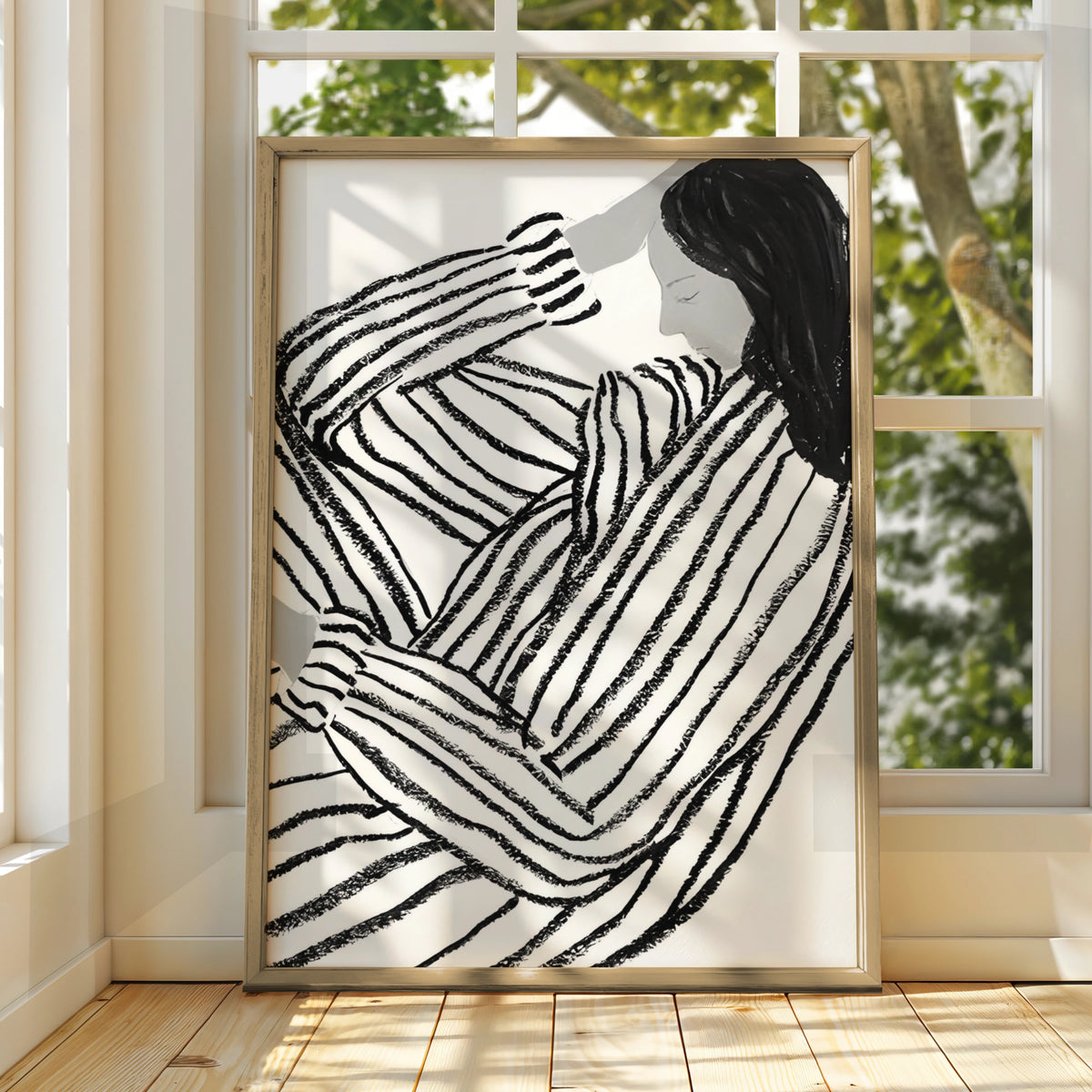 Striped Figure Woman Monochrome Wall Art, Black and White Poster, Minimalist Print