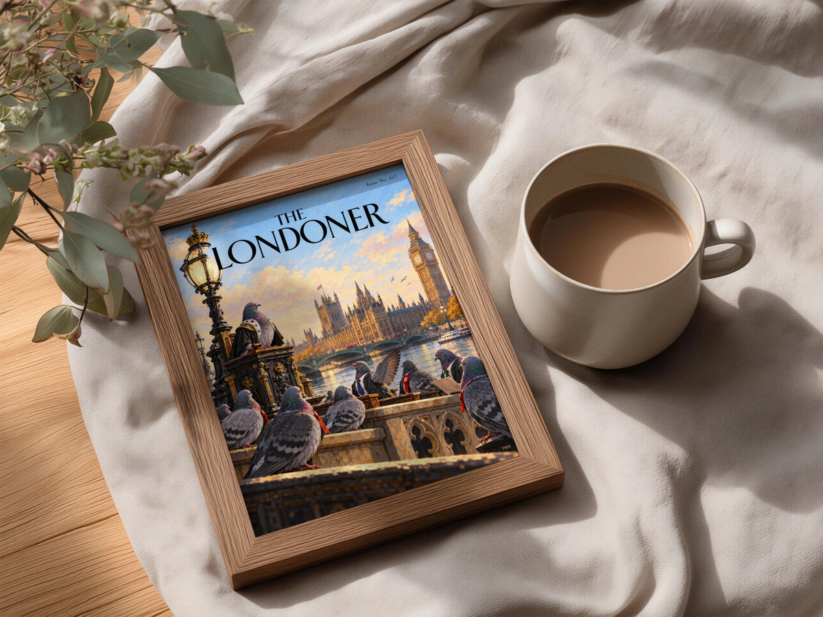 London Pigeon Parliament Poster, Big Ben Wall Art, Westminster Art Print, Funny Magazine Cover Style
