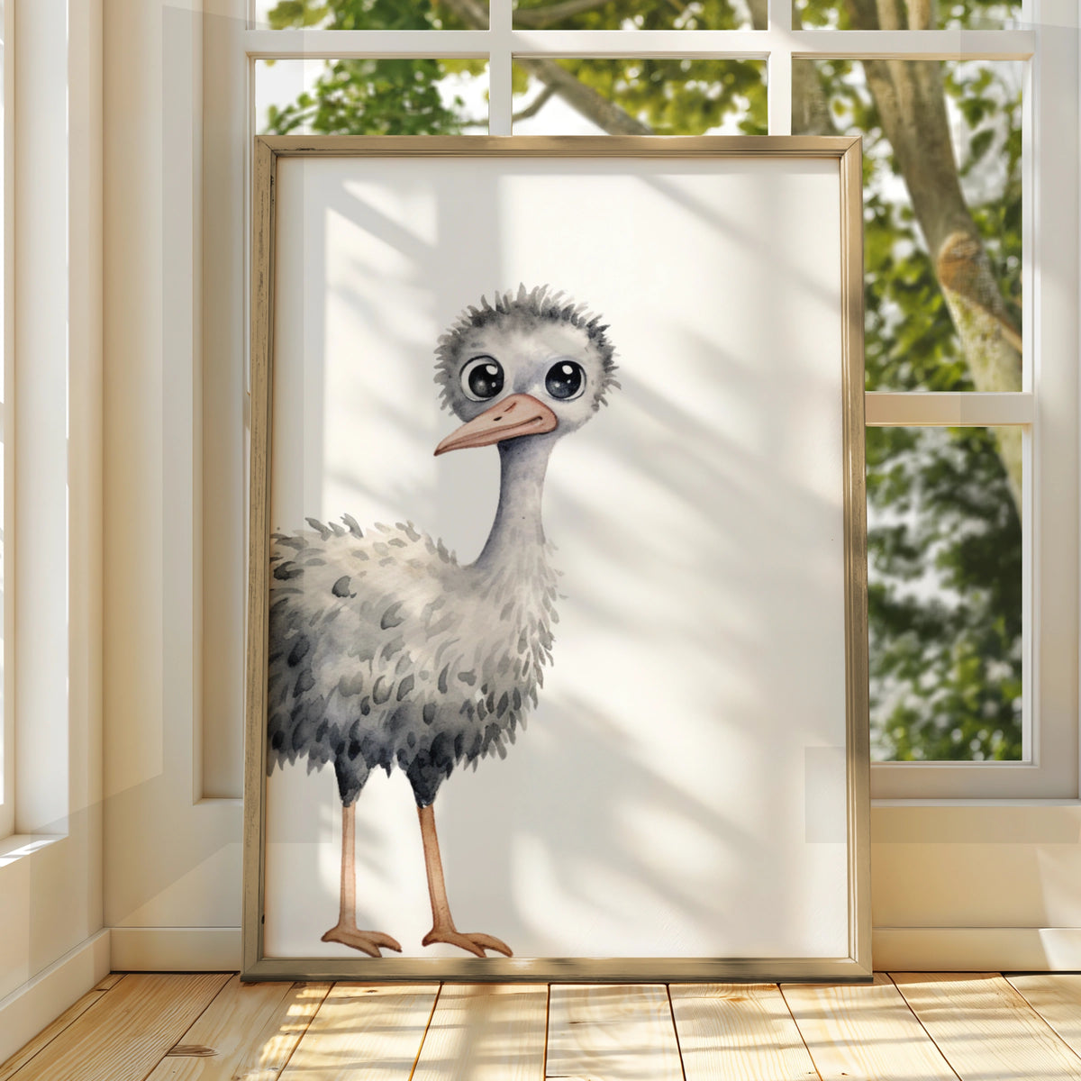 Baby Ostrich Nursery Wall Art, Cute Watercolour Bird Print, Children's Animal Poster