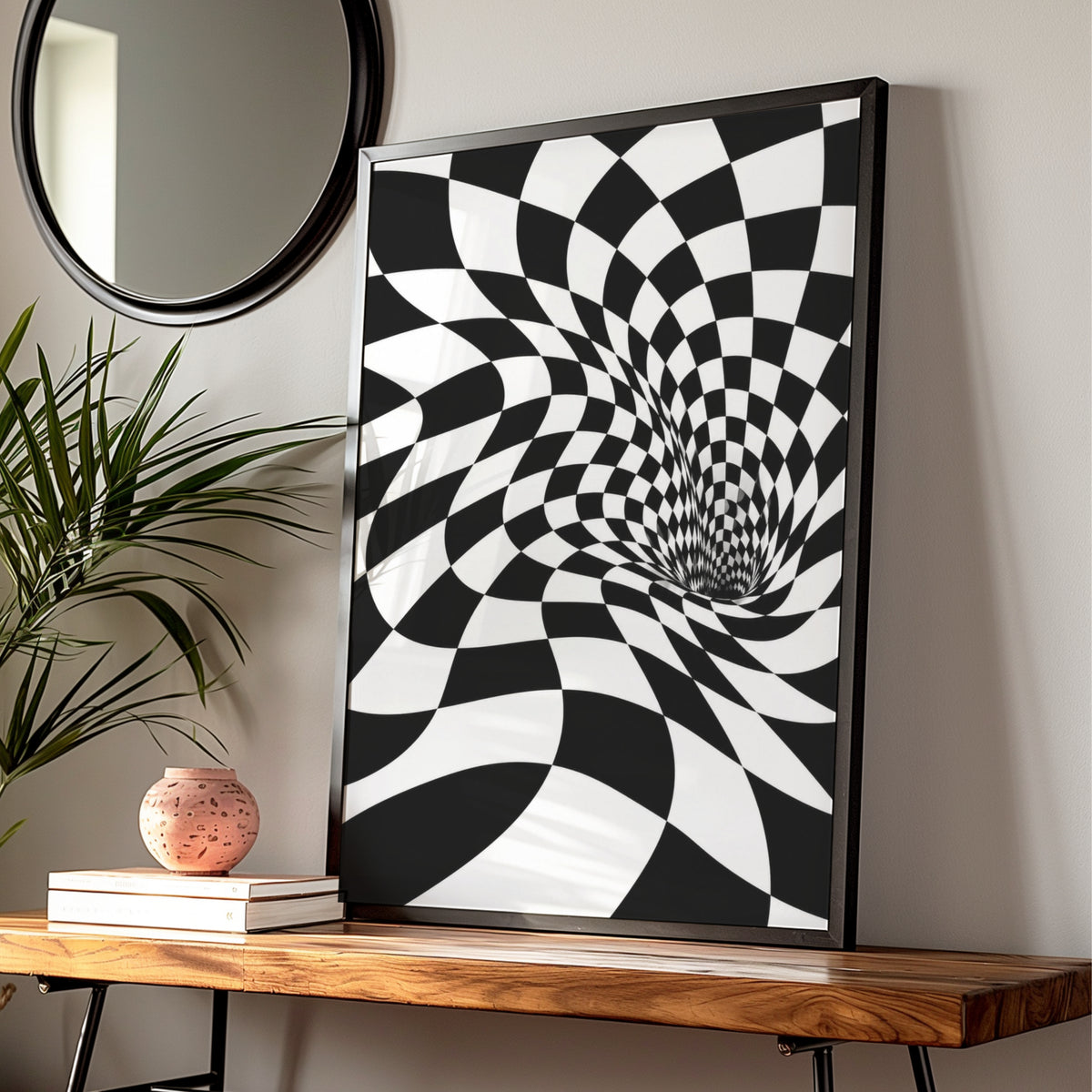 Optical Illusion Checker Vortex Print, Black and White Abstract Poster, Monochrome Wall Art