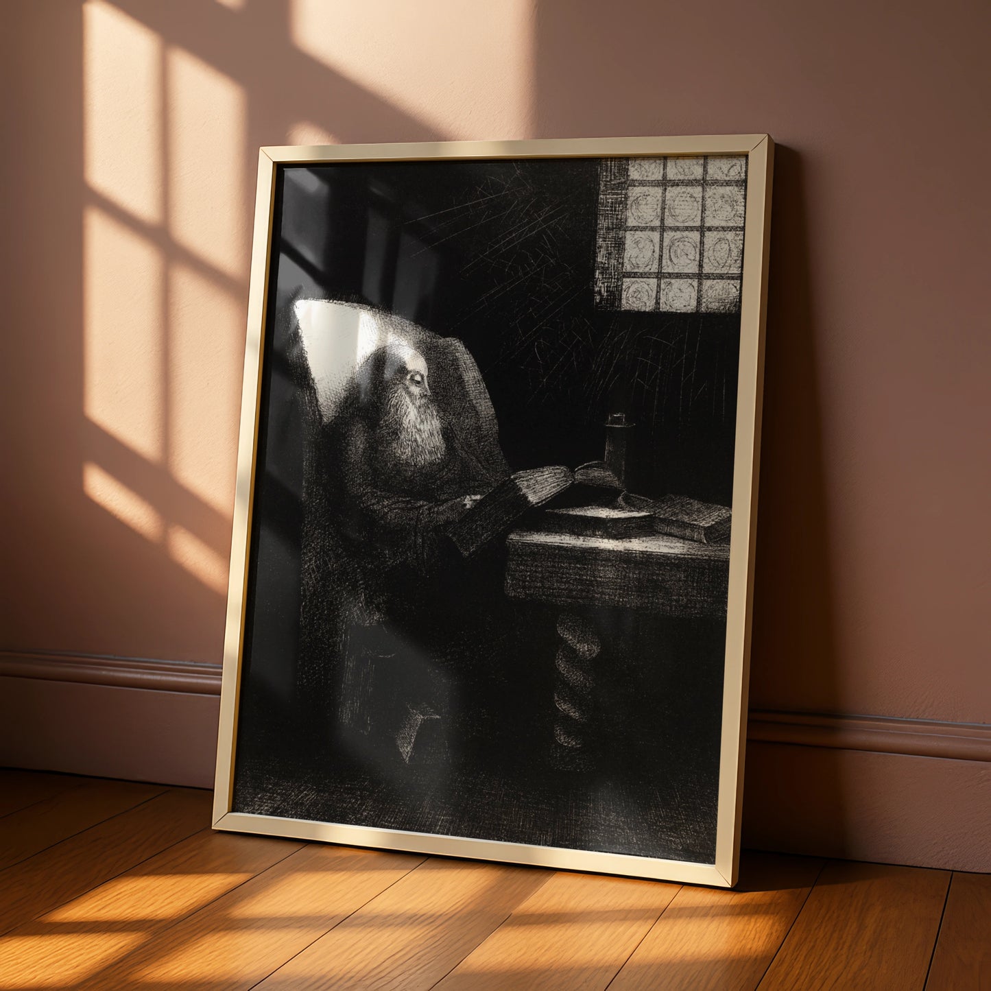 Dark Gothic Halloween Art Print, Mysterious Old Wizard Reading Spellbook Poster