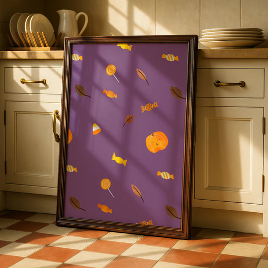 Halloween Candy Pattern Poster, Trick or Treat Wall Art, Pumpkin Purple Print
