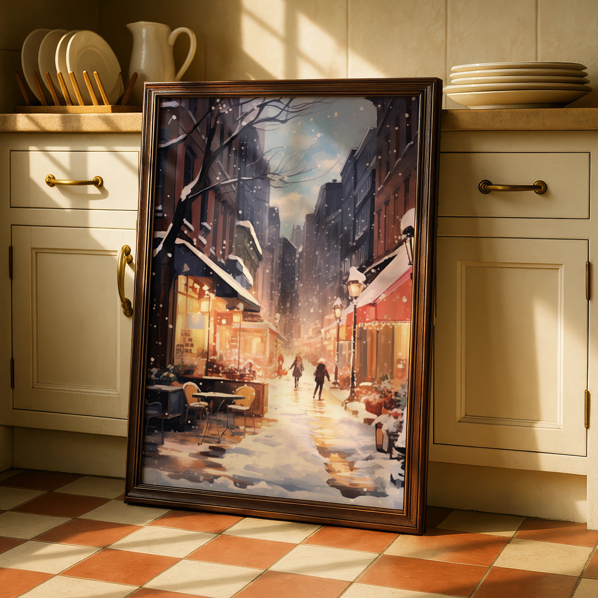 Christmas City Street Poster, Snowy Winter Scene Wall Art, Festive Holiday Print, Cosy Xmas Decor