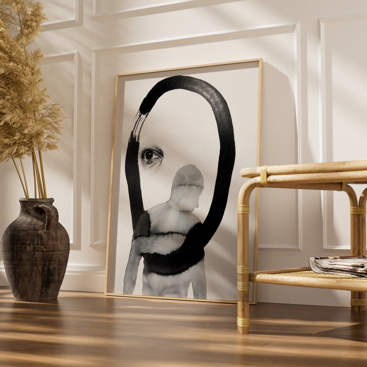 Abstract Figure Eye Print, Monochrome Wall Art, Black and White Surreal Poster, Modern Decor