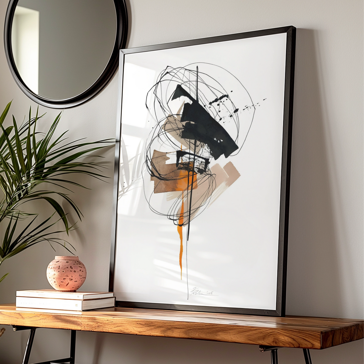 Modern Abstract Wall Art, Black Orange Ink Print, Contemporary Monochrome Poster, Gallery Wall Decor — Digital Download