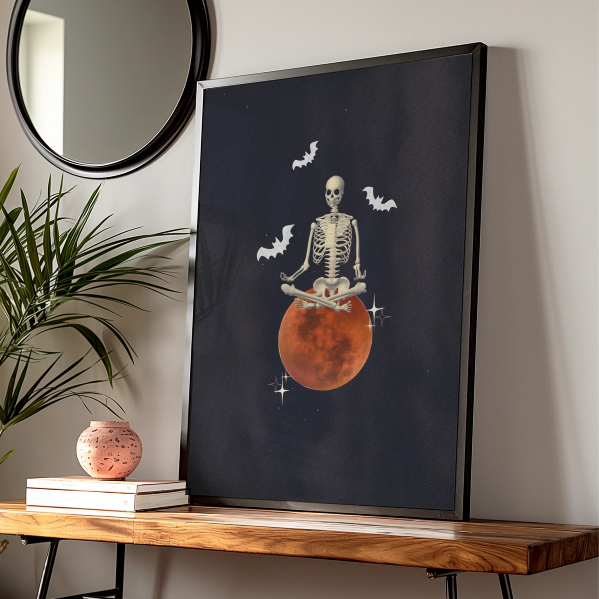 Halloween Skeleton Meditation Poster, Blood Moon Bat Wall Art, Spooky Gothic Print — Digital Download