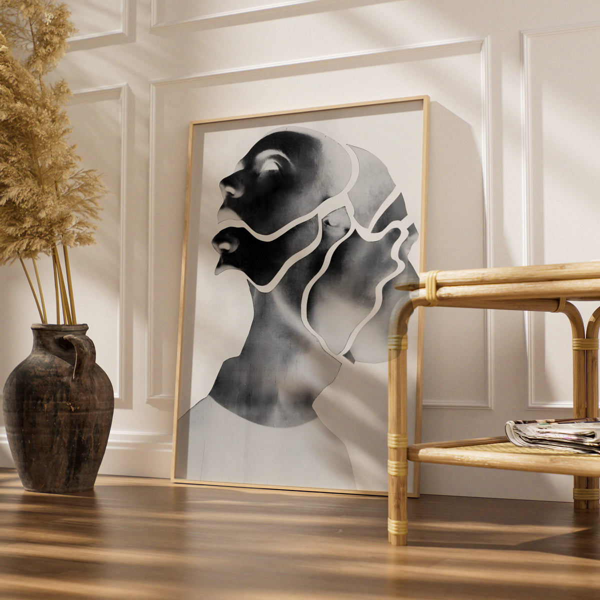 Abstract Face Portrait, Monochrome Wall Art, Modern Black and White Poster, Contemporary Figure