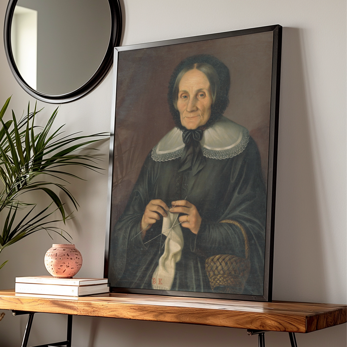 Victorian Woman Knitting Portrait Poster, Dark Antique Oil Painting Wall Art Print — Digital Download