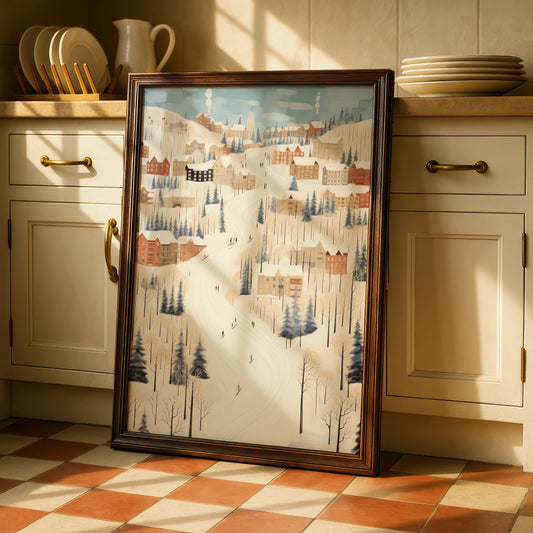 Christmas Winter Village Poster, Snowy Ski Slope Scene, Festive Holiday Wall Art Print