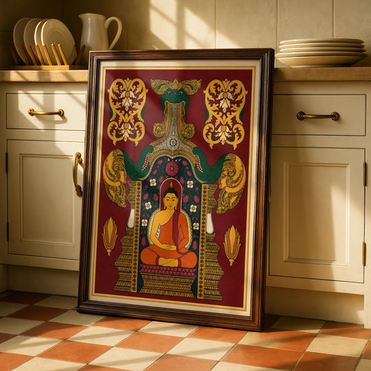 Buddha Poster, Indian Art Print, Meditation Wall Art, Naga Serpent, Floral Temple Decor