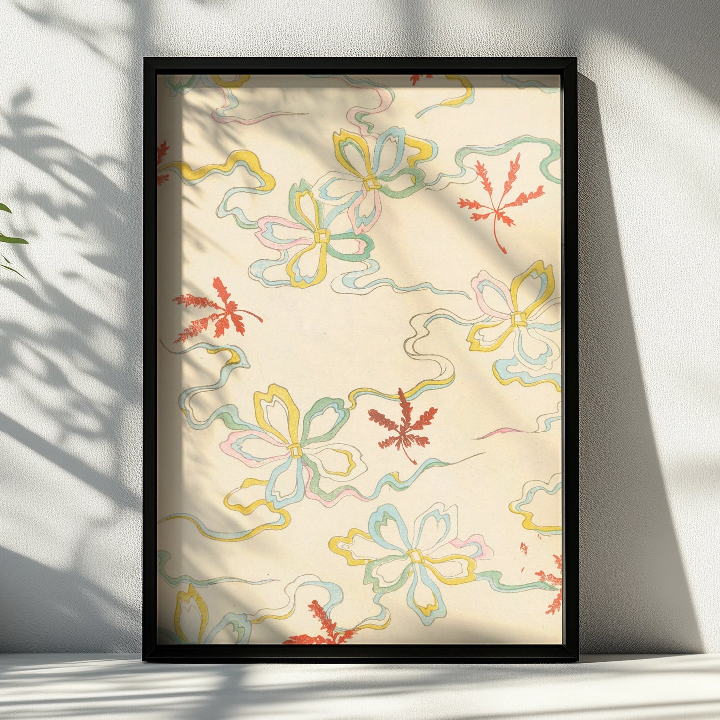 Vintage Japanese Maple Leaf Floral Print, Woodblock Wall Art, Japandi Poster – A4 Black frame