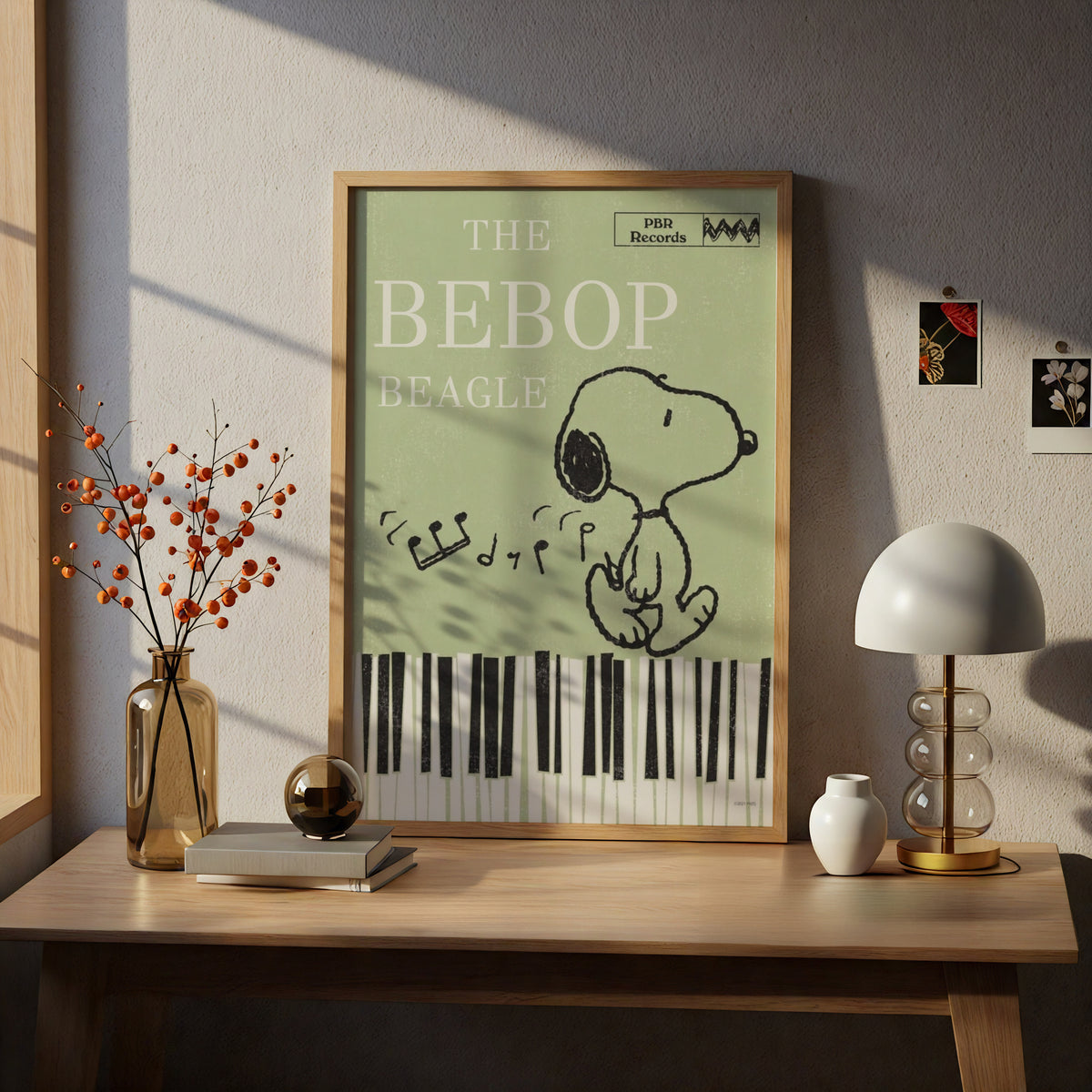 Bebop Beagle Jazz Poster, Retro Cartoon Dog Piano Keys Wall Art, Sage Green Music Room Decor
