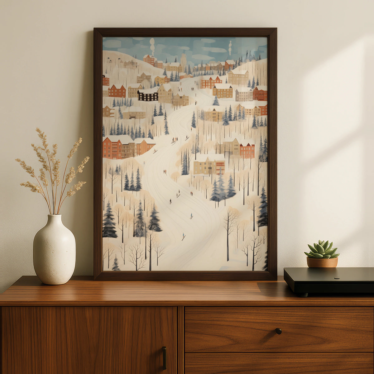 Christmas Winter Village Poster, Snowy Ski Slope Scene, Festive Holiday Wall Art Print