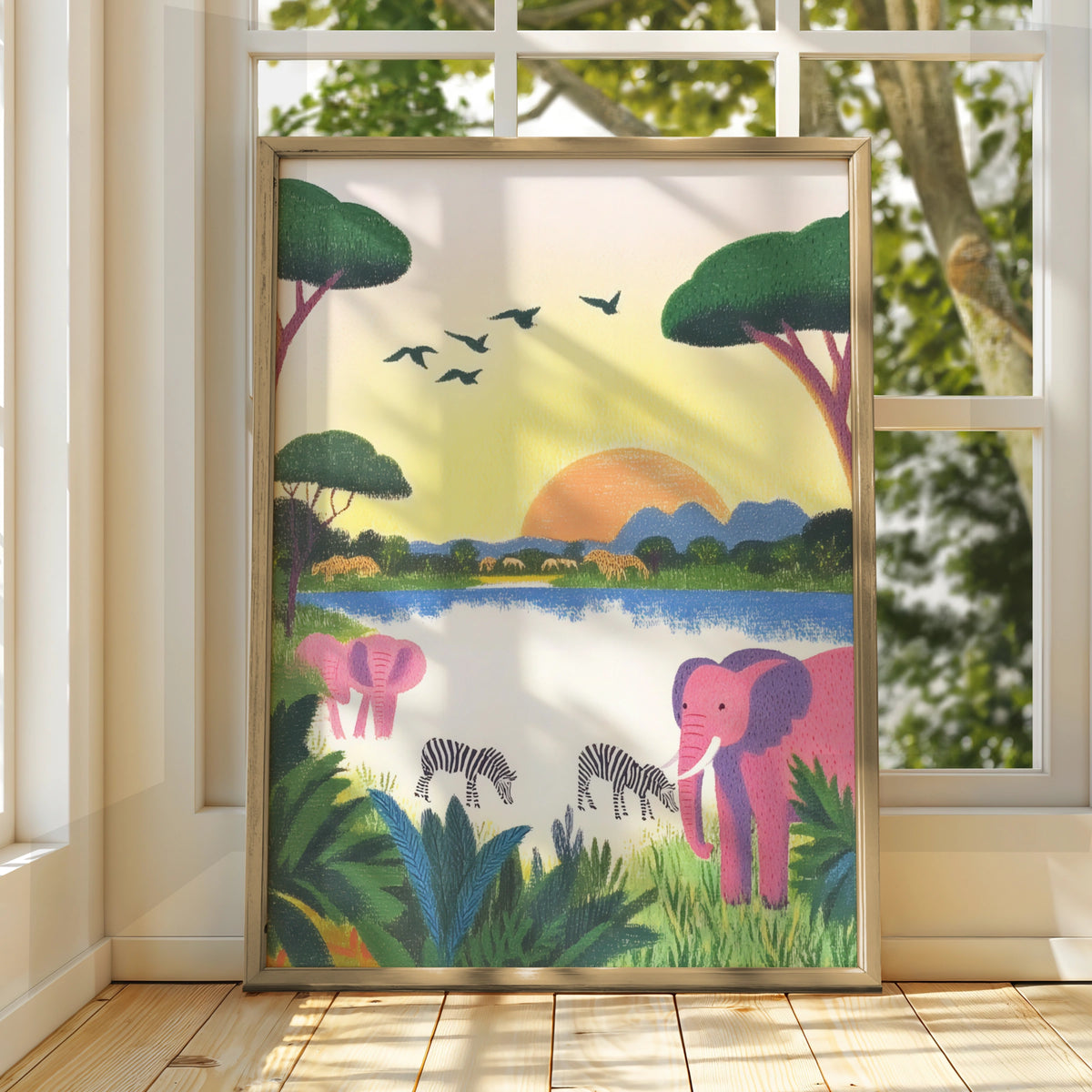 Safari Nursery Wall Art, Elephant Zebra Print, Colourful Animal Poster, Kids Room Decor