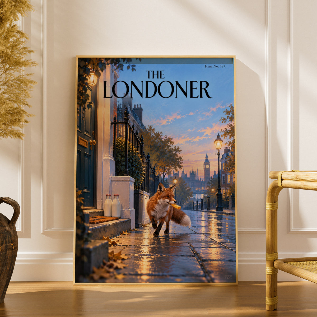 London Fox Poster, Magazine Cover Wall Art Print, Autumn Street Scene, Big Ben Illustration