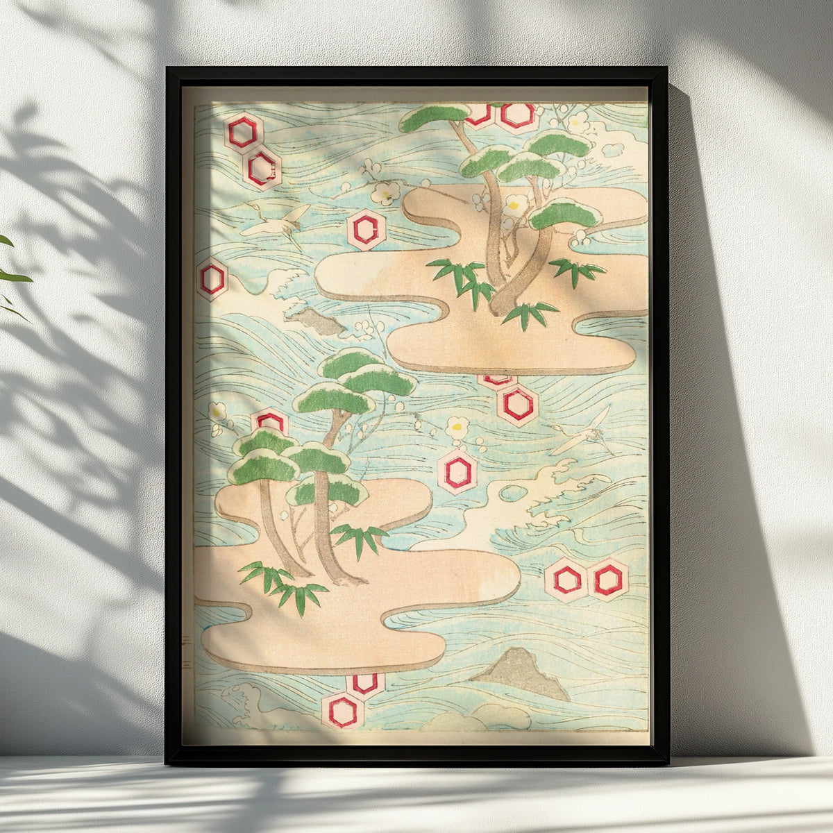 Japanese Woodblock Wall Art, Bijutsukai 1901 Vintage Poster, Crane Pine Japandi Print – A4 Black frame