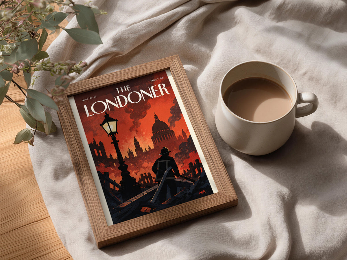 London Fire Poster, Vintage Magazine Cover Wall Art, Firefighter St Paul's Skyline Art Print