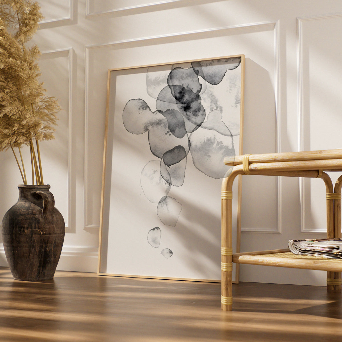Abstract Watercolour Monochrome Wall Art, Black White Ink Blob Print, Minimalist Neutral Poster