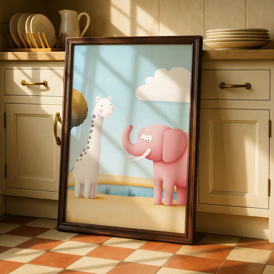 Giraffe Elephant Nursery Wall Art, Cute Safari Animal Print, Baby Room Poster