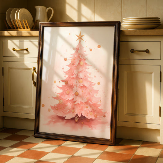 Pink Christmas Tree Poster, Watercolour Xmas Wall Art, Gold Star Festive Print