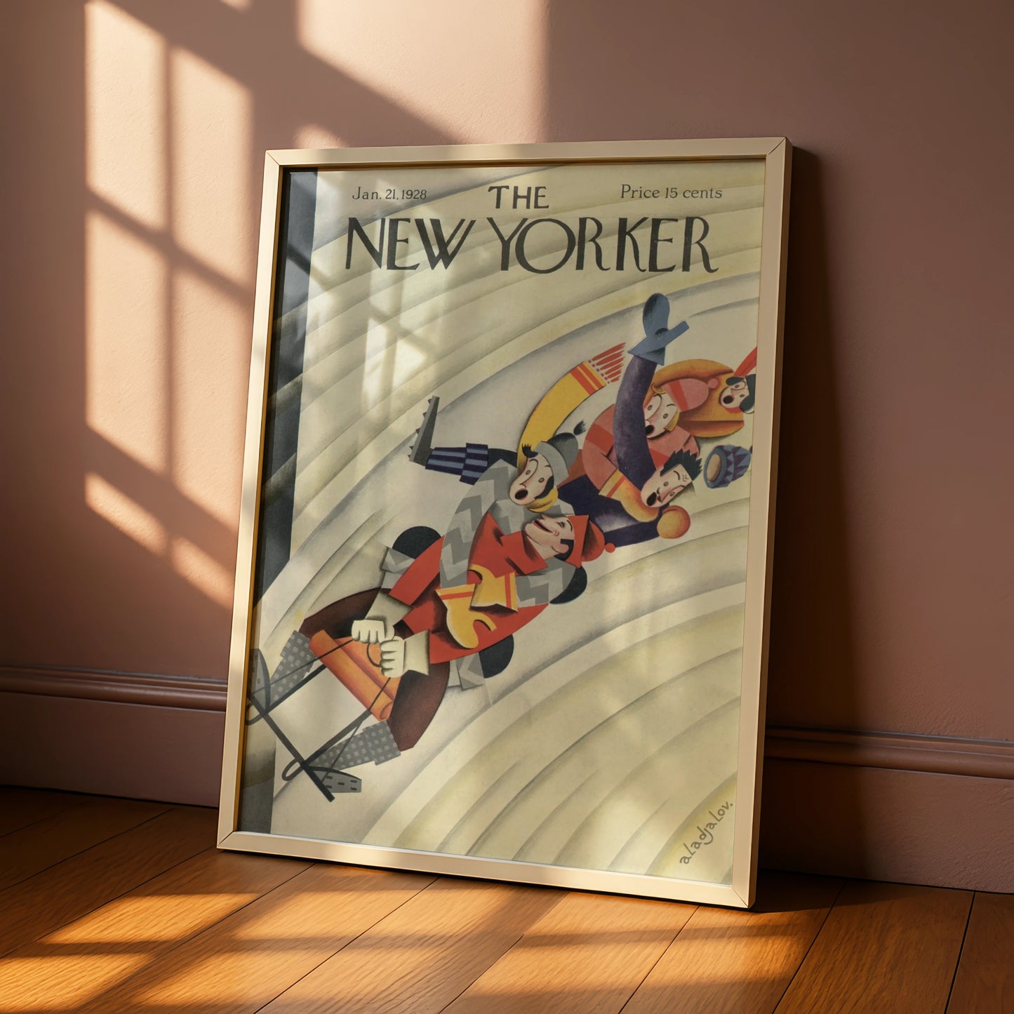The New Yorker 1928 Winter Sledding Cover Art Poster, Vintage Art Deco Wall Print