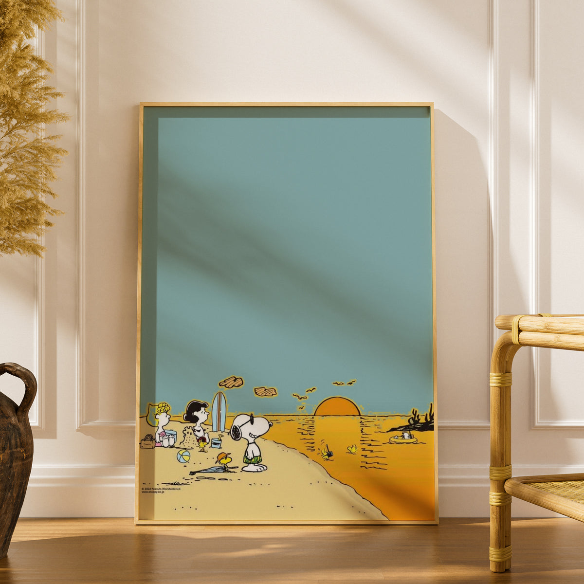 Beach Sunset Cartoon Poster, Dusty Teal Sky, Golden Sea, Retro Kids Room Wall Art Print