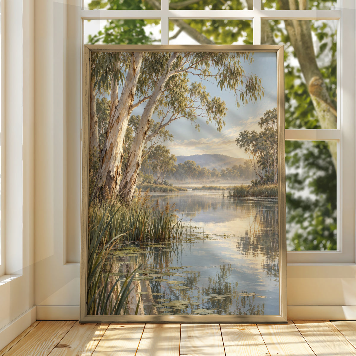 Australian River Landscape Print, Eucalyptus Gum Tree Wall Art, Misty Waterway Poster