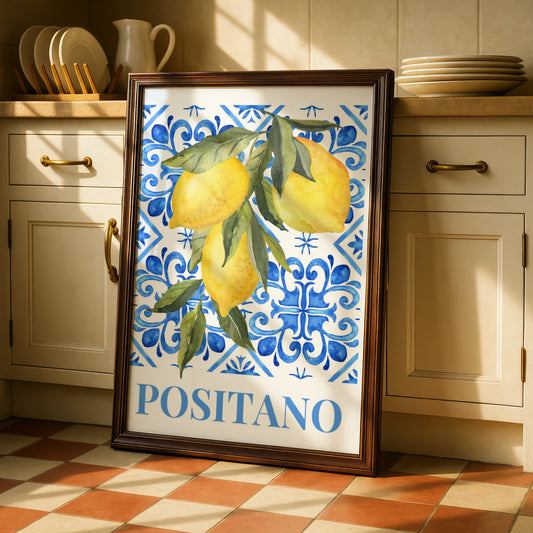 Positano Lemon Maximalist Poster, Italian Amalfi Coast Wall Art, Blue Tile Print