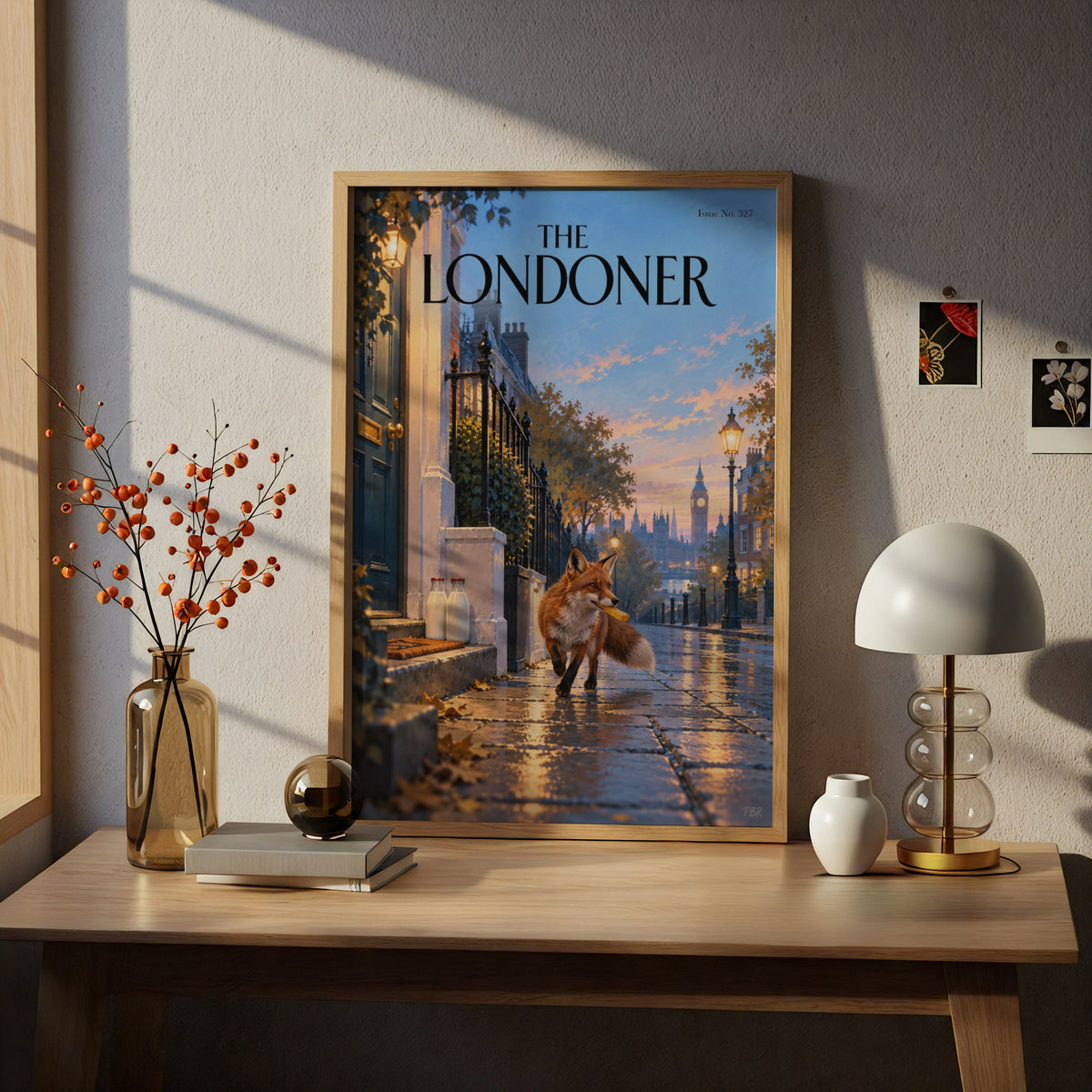London Fox Poster, Magazine Cover Wall Art Print, Autumn Street Scene, Big Ben Illustration