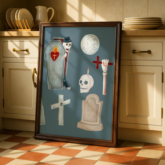 Halloween Ghost Skeleton Coffin Poster, Spooky Graveyard Wall Art, Skull RIP Print