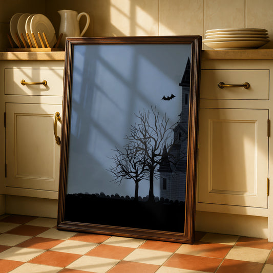 Halloween Haunted House Poster, Spooky Full Moon Bat Wall Art, Dark Gothic Print