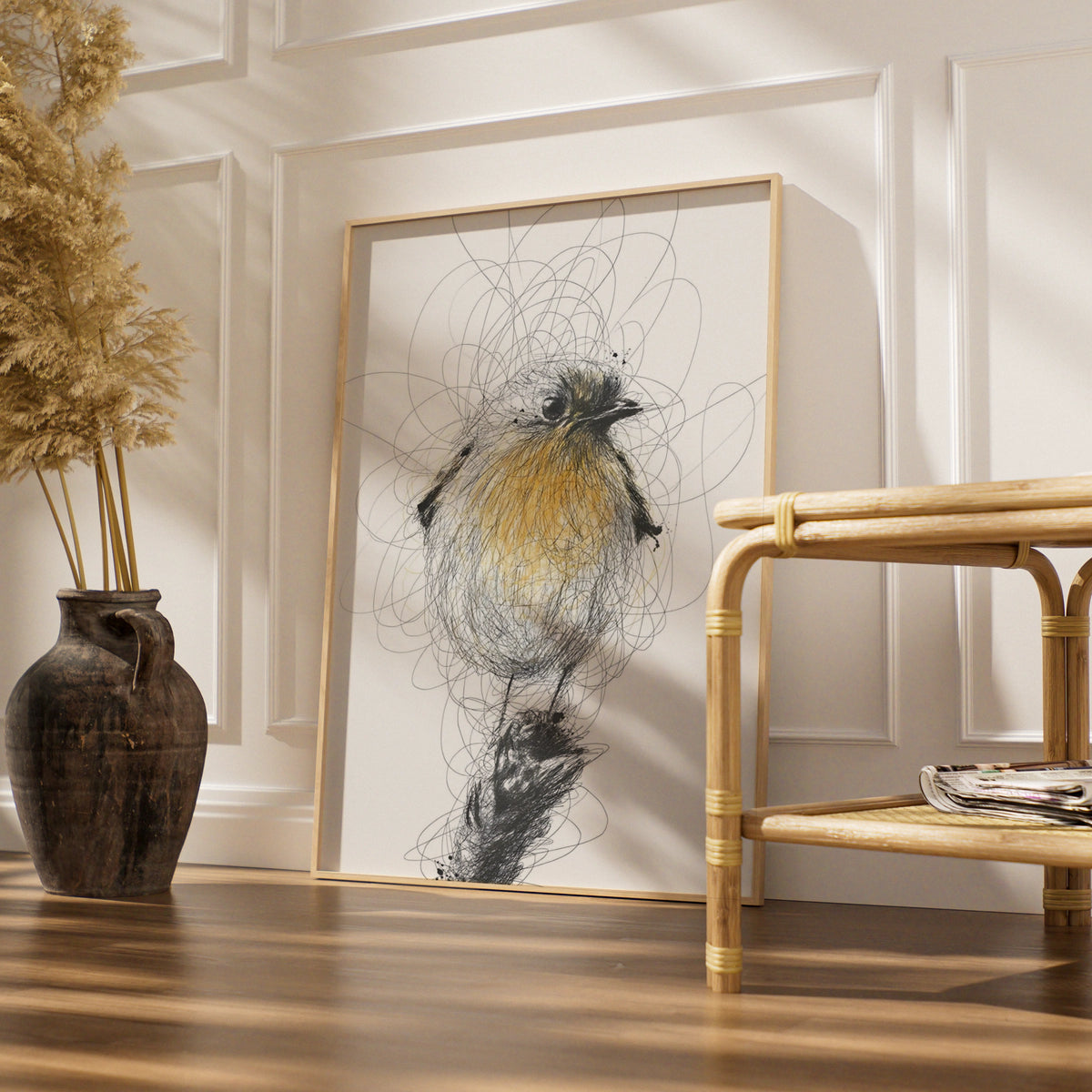 Robin Bird Sketch Art, Monochrome Wall Art, Black and White Bird Poster, Modern Print