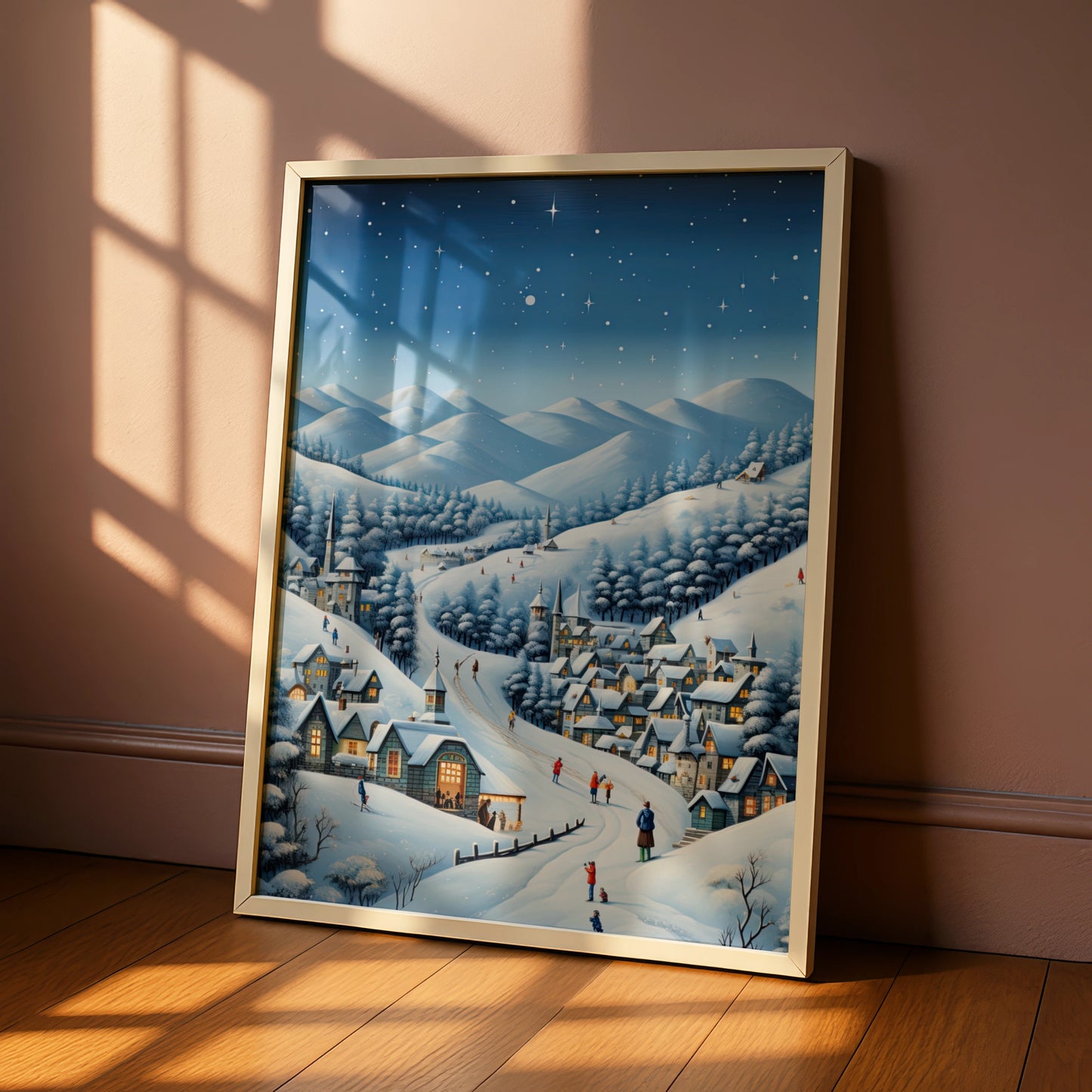 Christmas Village Winter Poster, Snowy Night Scene Wall Art, Festive Holiday Print, Xmas Decor