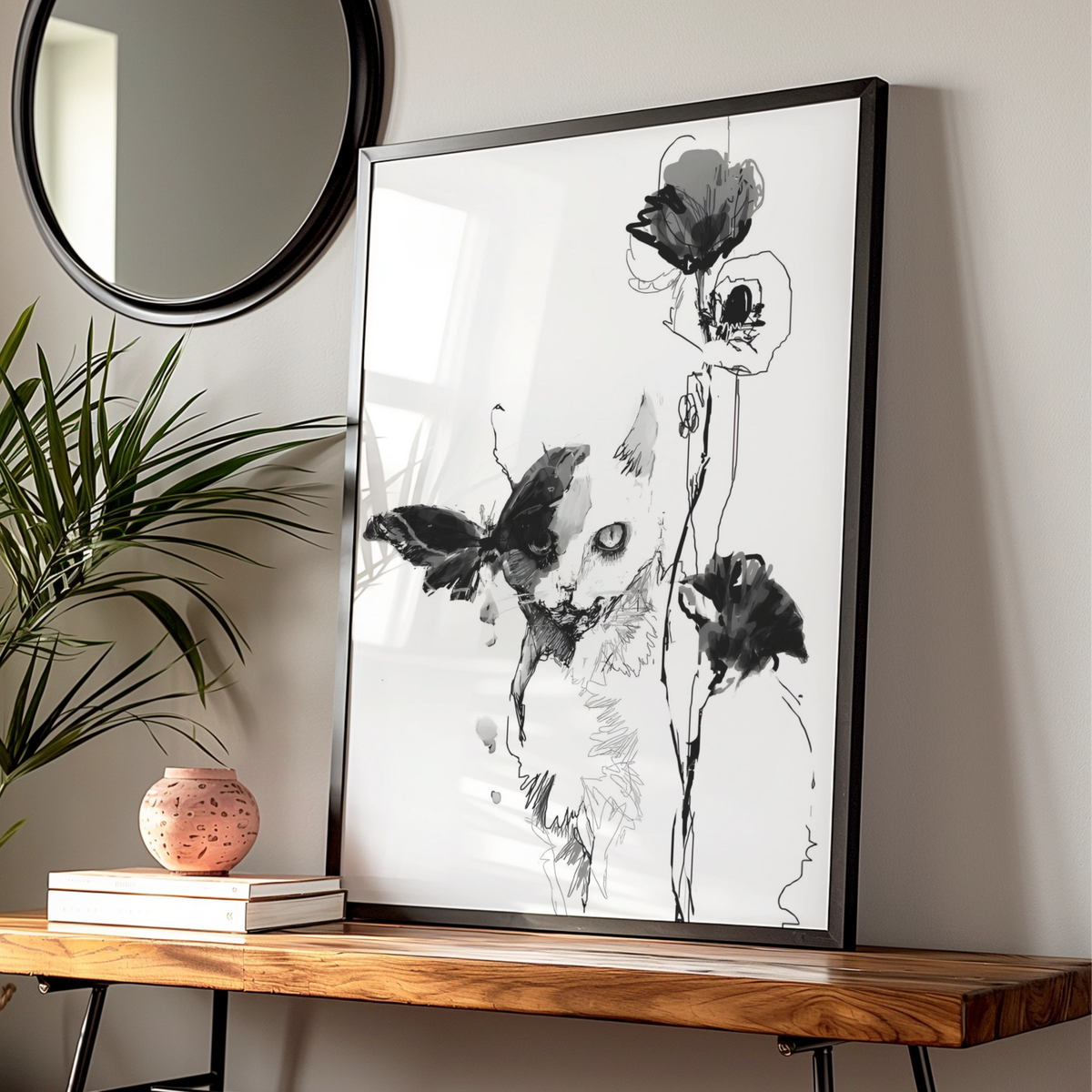 Cat Butterfly Floral Monochrome Wall Art, Black and White Poster, Minimalist Print