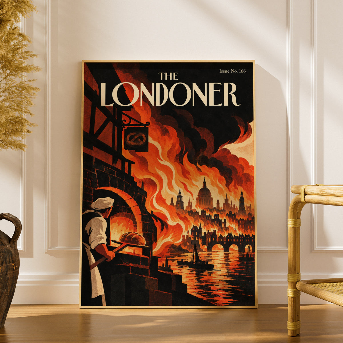 Great Fire of London Poster, Vintage Magazine Cover Wall Art, Baker and Flames Art Print