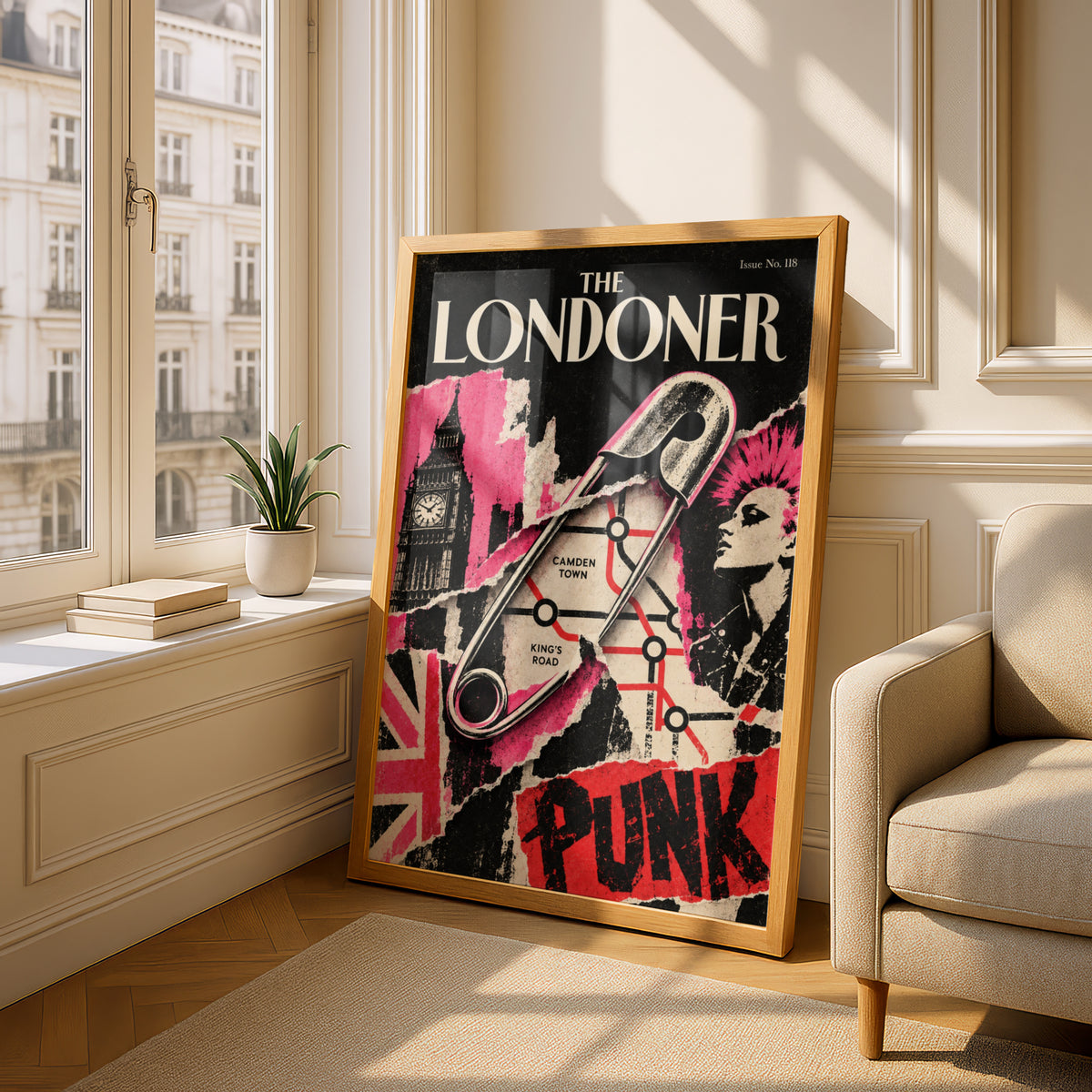 London Punk Poster, Safety Pin Wall Art, Camden Town Print, Big Ben Collage, Pink Red Black Decor