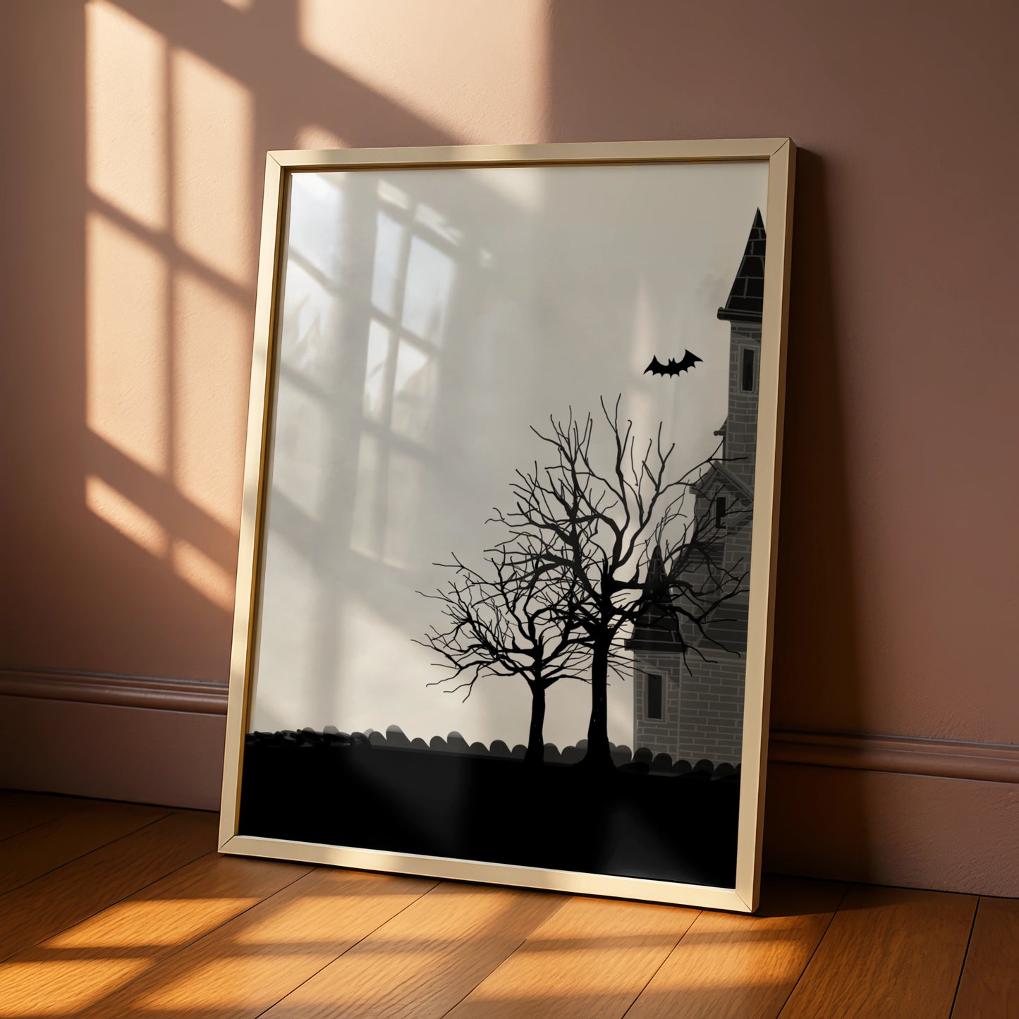 Haunted House Halloween Art Print, Spooky Castle Bats Moon Wall Poster, Gothic Halloween Decor