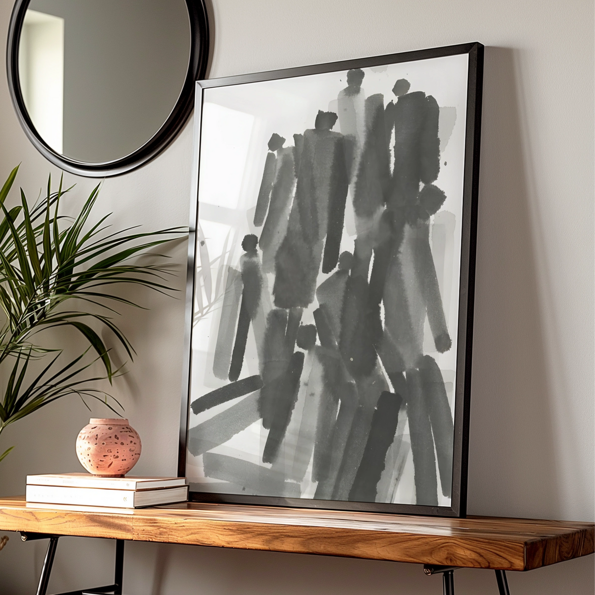 Abstract Figure Crowd Monochrome Wall Art, Black and White Ink Brush Minimalist Print