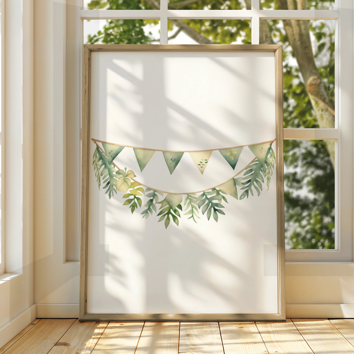 Nursery Wall Art Green Bunting Garland Poster, Botanical Baby Room Print, Watercolour Leaf Decor