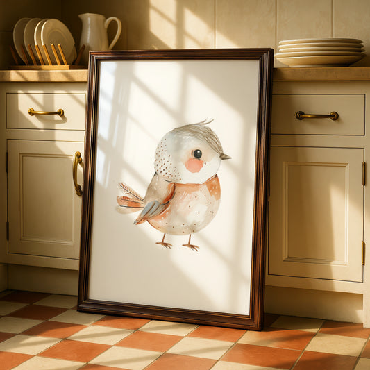 Nursery Bird Wall Art, Cute Watercolour Robin Poster, Baby Room Boho Neutral Decor Print