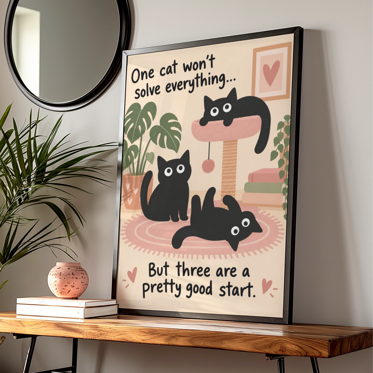 Three Black Cats Funny Poster, Quirky Cat Wall Art, Humorous Feline Print, Cat Lover Gift — Digital Download
